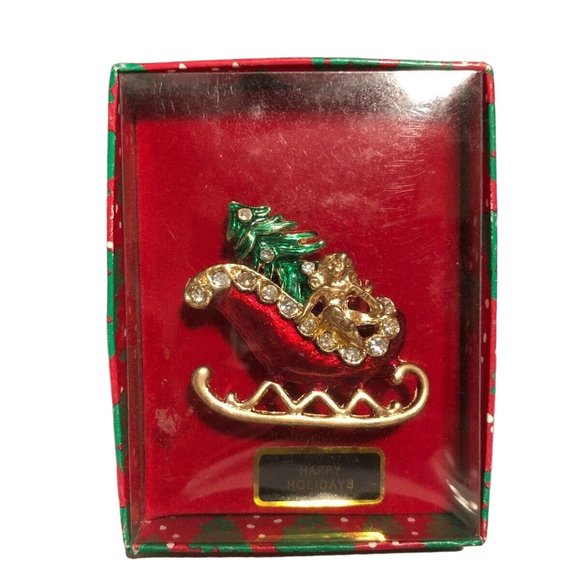 Unbranded Jewelry - Vintage Gold Tone Rhinestones And Enamel Sleigh With Christmas Tree Brooch (600)